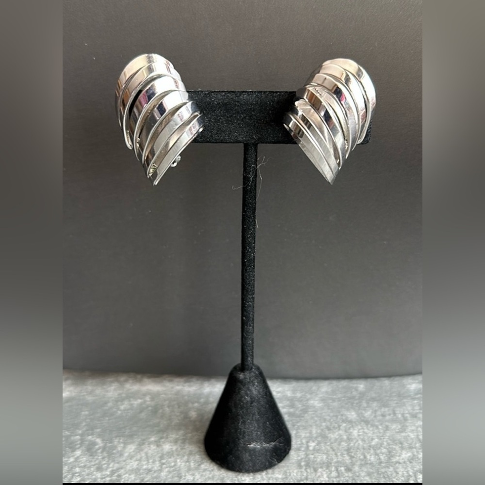 VTG Eisenberg Earrings Silver Tone MCM Wavy Open Ribbed Clip On Modernist